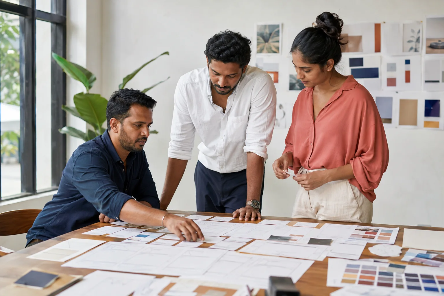 Sri Lankan web design team organising printed site plans and visual materials