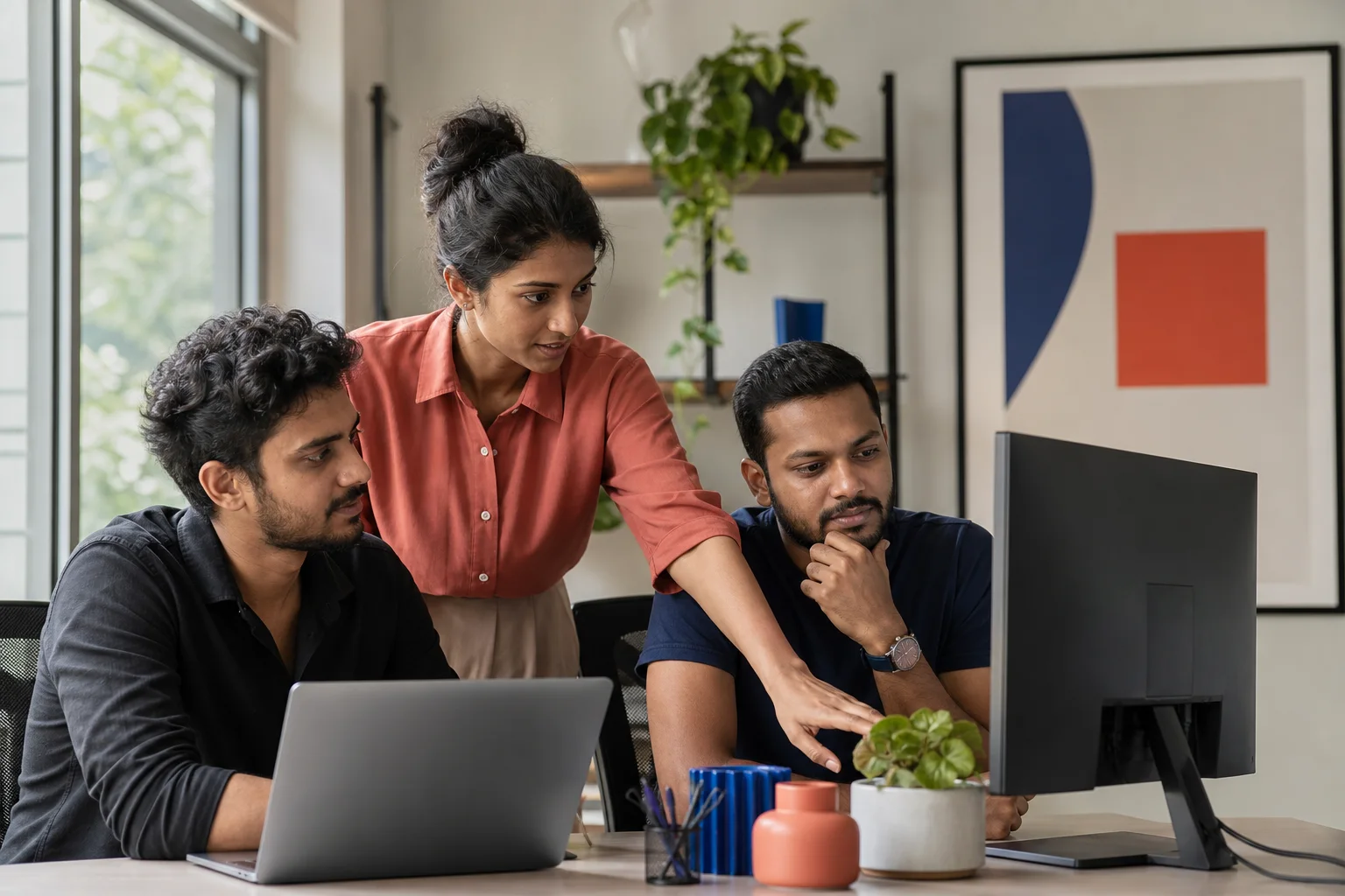 Sri Lankan web design team collaborating in a bright Colombo studio